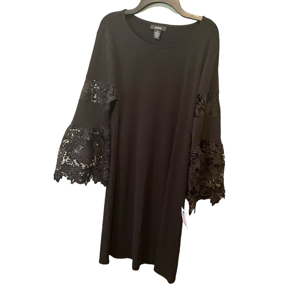 Alfani Mini Dress Womens 10 Black Lace Long Sleeve Round Neck Pullover Polyester